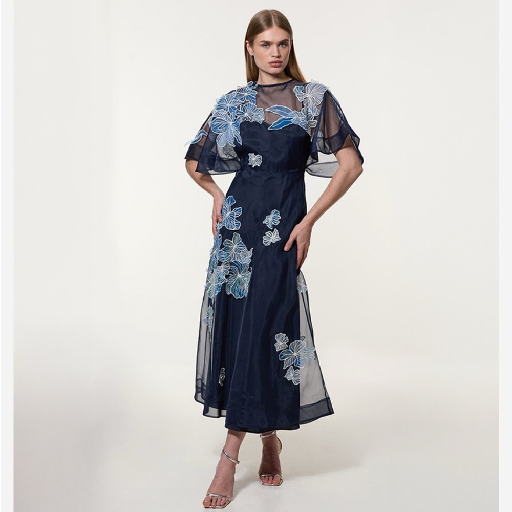 Karen Millen Floral Applique Organdie Woven Maxi Dress